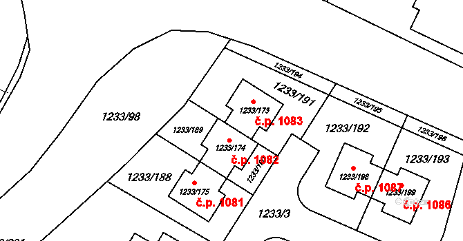Dolní Chabry 1083, Praha na parcele st. 1233/173 v KÚ Dolní Chabry, Katastrální mapa