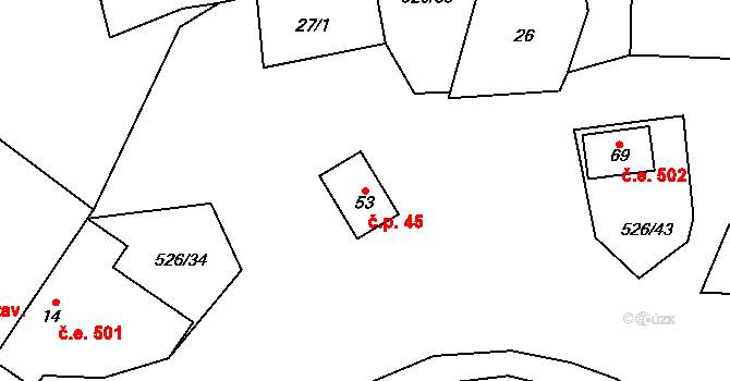 Cibotín 45, Česká Bělá na parcele st. 53 v KÚ Cibotín, Katastrální mapa