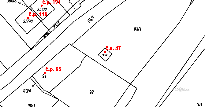 Rebešovice 47 na parcele st. 93/2 v KÚ Rebešovice, Katastrální mapa