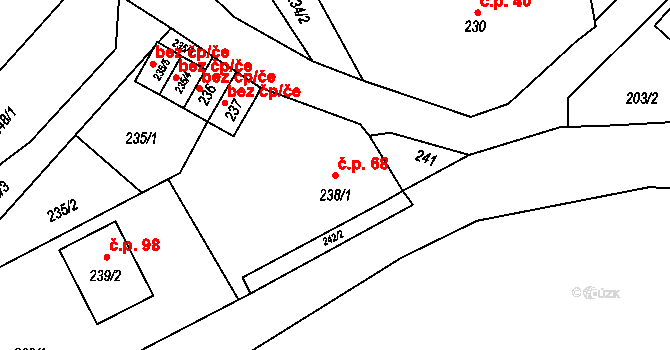 Uhlířov 68 na parcele st. 238/1 v KÚ Uhlířov, Katastrální mapa