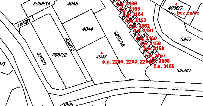 Most 2203,2204,2205 na parcele st. 4043 v KÚ Most II, Katastrální mapa