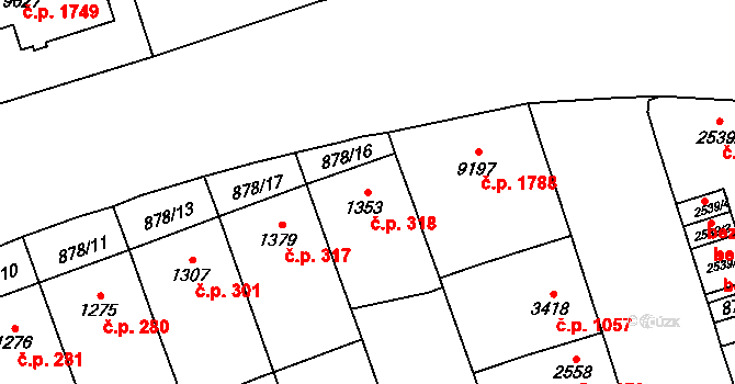 Bílé Předměstí 318, Pardubice na parcele st. 1353 v KÚ Pardubice, Katastrální mapa