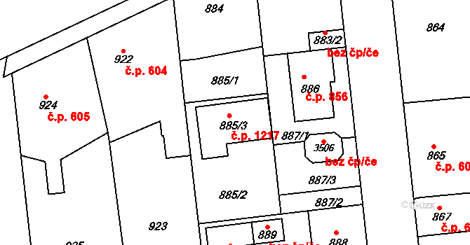 Kostelec nad Černými lesy 1217 na parcele st. 885/3 v KÚ Kostelec nad Černými lesy, Katastrální mapa