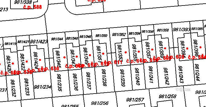 Písnice 611, Praha na parcele st. 981/351 v KÚ Písnice, Katastrální mapa