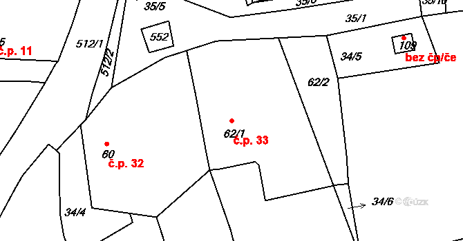 Kloušov 33, Merklín na parcele st. 62/1 v KÚ Kloušov, Katastrální mapa