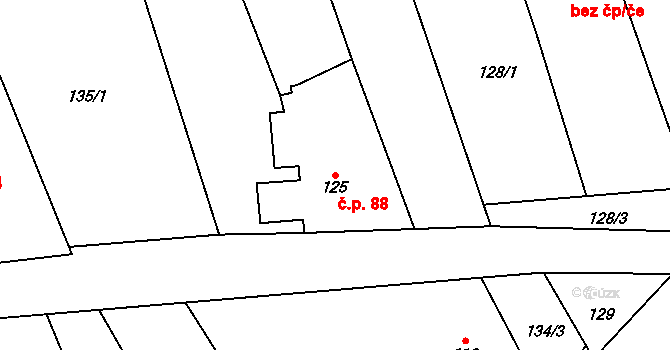 Hřivčice 88, Peruc na parcele st. 125 v KÚ Hřivčice, Katastrální mapa