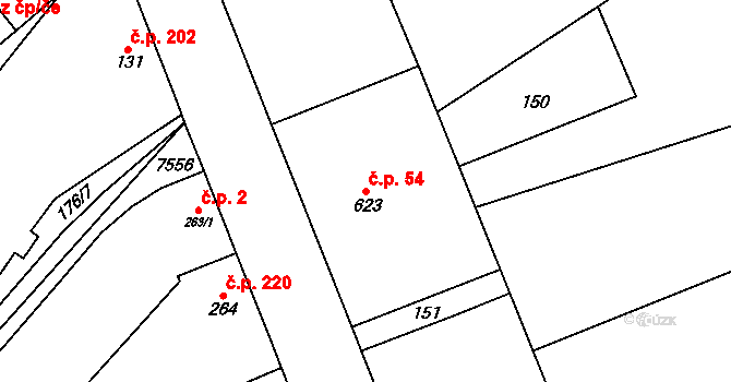 Vroutek 54 na parcele st. 623 v KÚ Vroutek, Katastrální mapa
