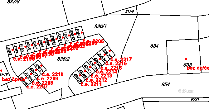 Jirkov 2216 na parcele st. 836/24 v KÚ Jirkov, Katastrální mapa
