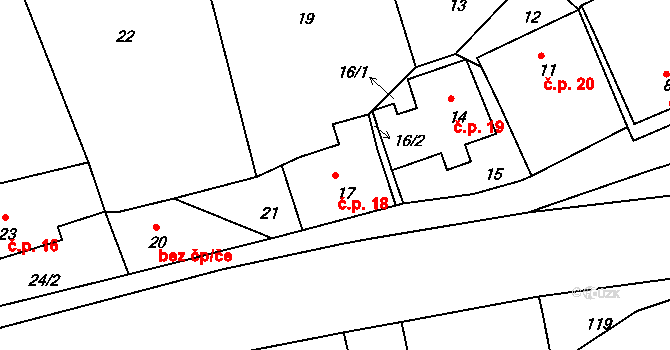 Roztoky 18, Povrly na parcele st. 17 v KÚ Roztoky nad Labem, Katastrální mapa