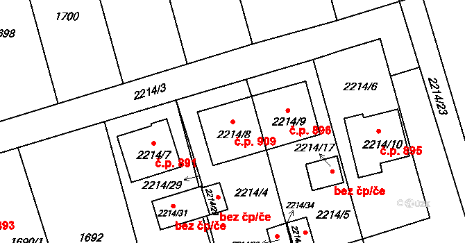 Koryčany 909 na parcele st. 2214/8 v KÚ Koryčany, Katastrální mapa