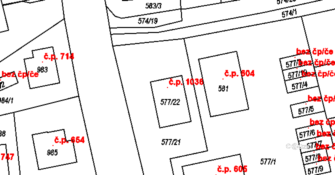 Šeberov 1036, Praha na parcele st. 577/22 v KÚ Šeberov, Katastrální mapa