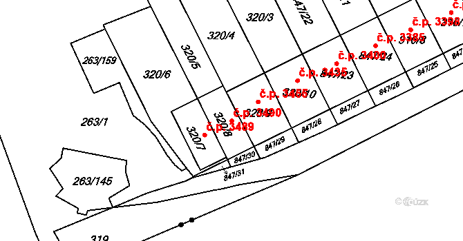 Znojmo 3490 na parcele st. 320/8 v KÚ Znojmo-Louka, Katastrální mapa