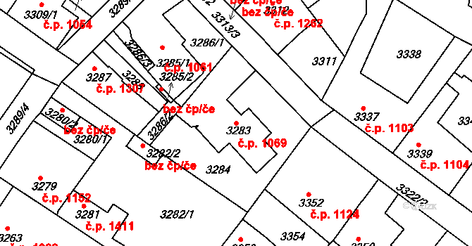 Roztoky 1069 na parcele st. 3283 v KÚ Žalov, Katastrální mapa