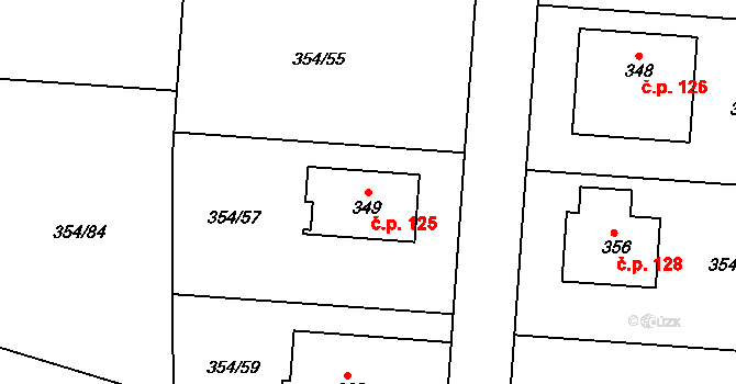 Kunětice 125 na parcele st. 349 v KÚ Kunětice, Katastrální mapa