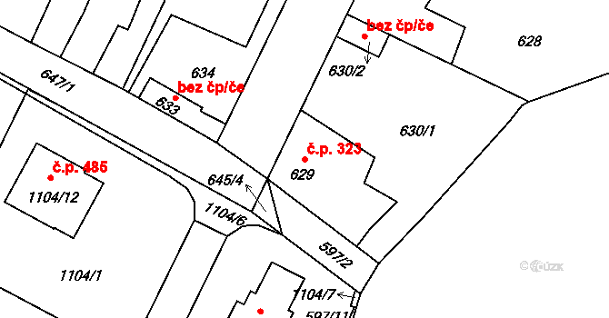 Hřebeč 323 na parcele st. 629 v KÚ Hřebeč, Katastrální mapa