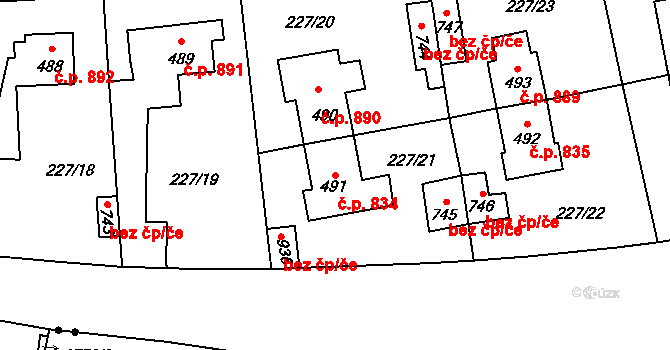 Švermov 834, Kladno na parcele st. 491 v KÚ Hnidousy, Katastrální mapa