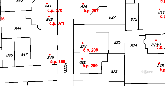 Tuchlovice 288 na parcele st. 824 v KÚ Tuchlovice, Katastrální mapa