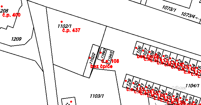 Hrádek nad Nisou 108 na parcele st. 1104/2 v KÚ Hrádek nad Nisou, Katastrální mapa