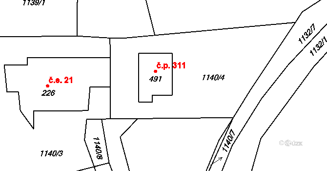 Bernartice 311 na parcele st. 491 v KÚ Bernartice, Katastrální mapa
