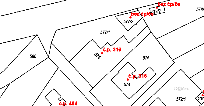 Křelov 316, Křelov-Břuchotín na parcele st. 576 v KÚ Křelov, Katastrální mapa