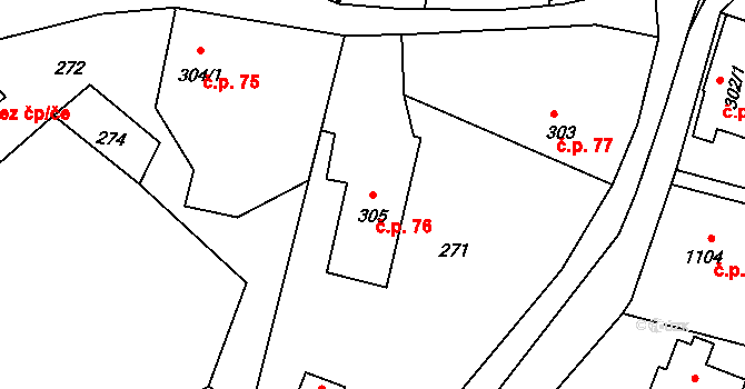 Rožnov pod Radhoštěm 76 na parcele st. 305 v KÚ Rožnov pod Radhoštěm, Katastrální mapa