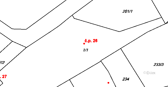 Mnich 26, Kardašova Řečice na parcele st. 1/1 v KÚ Mnich u Kardašovy Řečice, Katastrální mapa