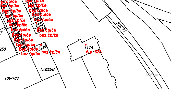 Podklášteří 828, Třebíč na parcele st. 1118 v KÚ Podklášteří, Katastrální mapa