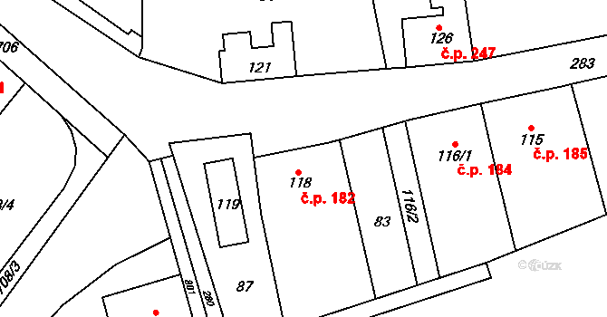 Vidnava 182 na parcele st. 118 v KÚ Vidnava, Katastrální mapa