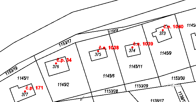Černé Voděrady 1038 na parcele st. 375 v KÚ Černé Voděrady, Katastrální mapa