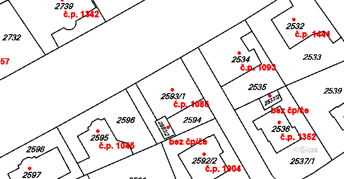 Modřany 1086, Praha na parcele st. 2593/1 v KÚ Modřany, Katastrální mapa
