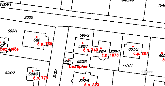 Kbely 743, Praha na parcele st. 598/1 v KÚ Kbely, Katastrální mapa