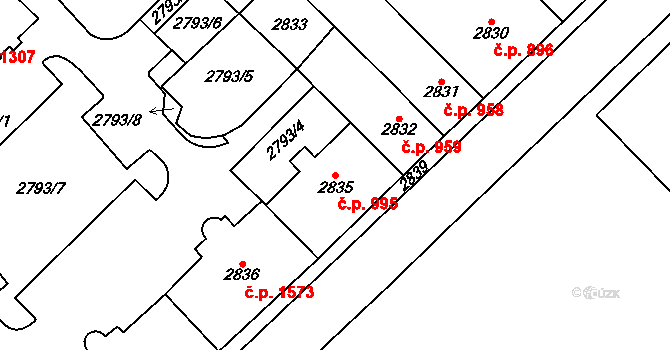 Chomutov 995 na parcele st. 2835 v KÚ Chomutov I, Katastrální mapa