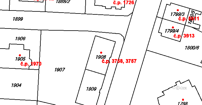 Chomutov 3757,3758 na parcele st. 1908 v KÚ Chomutov I, Katastrální mapa