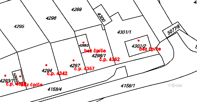 Chomutov 4362 na parcele st. 4298/1 v KÚ Chomutov II, Katastrální mapa