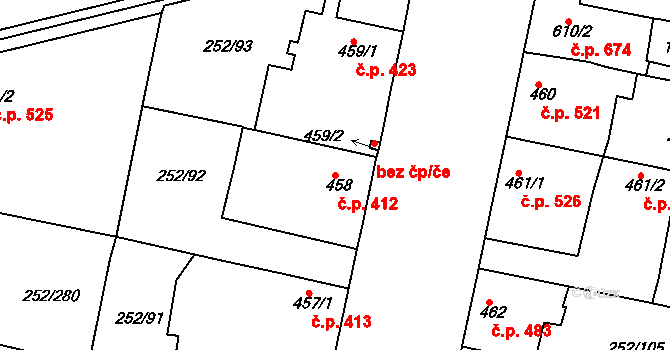 Rosice 412 na parcele st. 458 v KÚ Rosice u Brna, Katastrální mapa