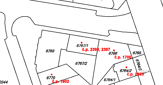 Jižní Předměstí 2397,2398, Plzeň na parcele st. 6767/1 v KÚ Plzeň, Katastrální mapa