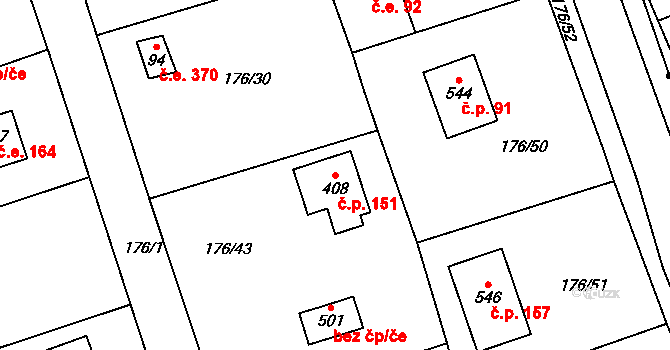 Hostěradice 151, Kamenný Přívoz na parcele st. 408 v KÚ Hostěradice, Katastrální mapa