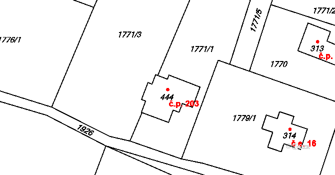 Valy 203, Krompach na parcele st. 444 v KÚ Krompach, Katastrální mapa