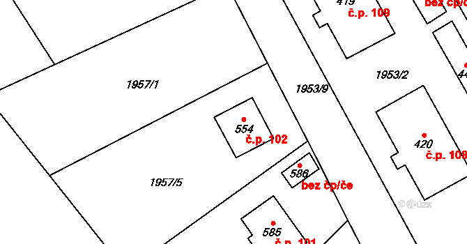 Srní 102 na parcele st. 554 v KÚ Srní I, Katastrální mapa