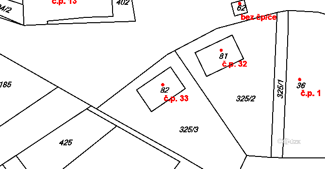 Horní Raškovice 33, Svinčany na parcele st. 82 v KÚ Raškovice u Přelouče, Katastrální mapa