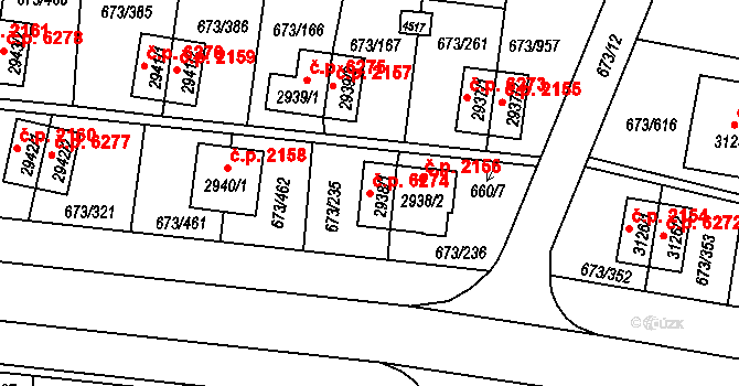 Zlín 6274 na parcele st. 2938/1 v KÚ Zlín, Katastrální mapa