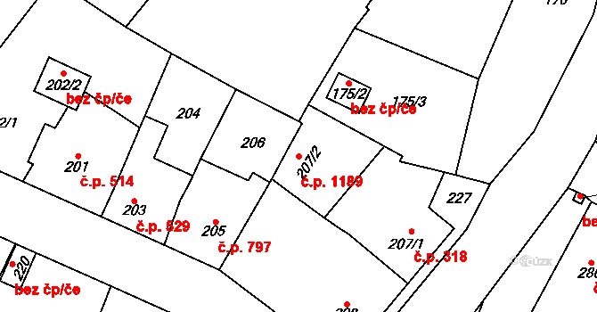 Nýřany 1189 na parcele st. 207/2 v KÚ Nýřany, Katastrální mapa