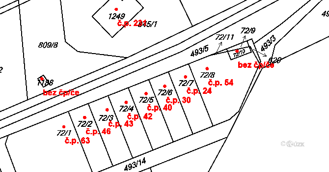 Cvrčovice 30 na parcele st. 72/6 v KÚ Cvrčovice, Katastrální mapa