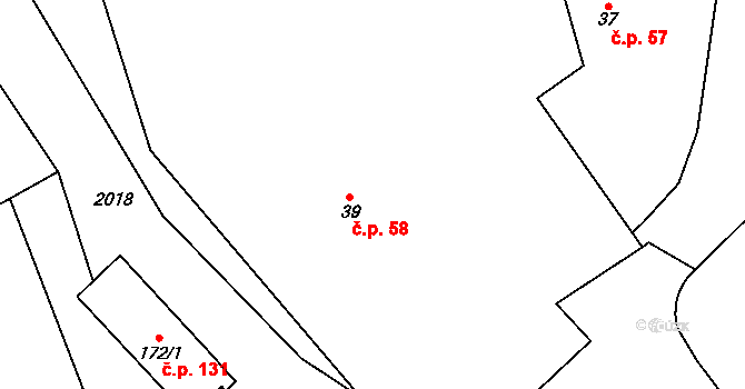 Nebužely 58 na parcele st. 39 v KÚ Nebužely, Katastrální mapa