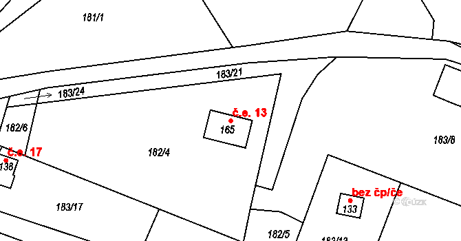 Malíč 13 na parcele st. 165 v KÚ Malíč, Katastrální mapa