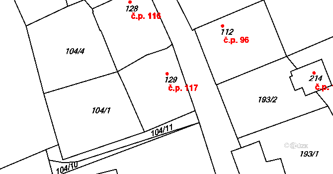 Krušovice 117 na parcele st. 129 v KÚ Krušovice, Katastrální mapa