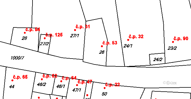 Měcholupy 53 na parcele st. 26 v KÚ Měcholupy u Žatce, Katastrální mapa