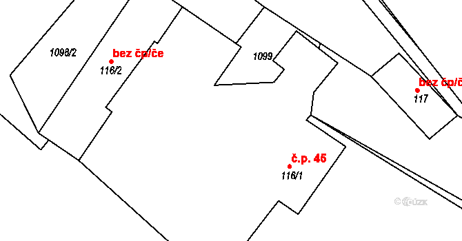 Mírovka 45, Havlíčkův Brod na parcele st. 116/1 v KÚ Mírovka, Katastrální mapa