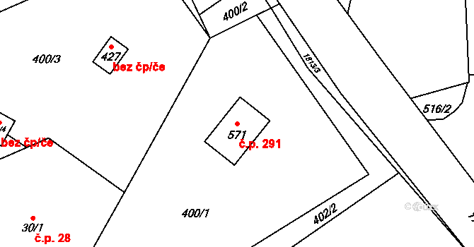 Guty 291, Třinec na parcele st. 571 v KÚ Guty, Katastrální mapa