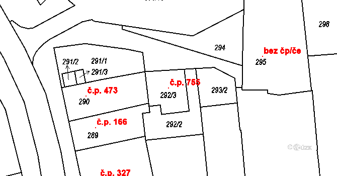 Blučina 755 na parcele st. 292/3 v KÚ Blučina, Katastrální mapa